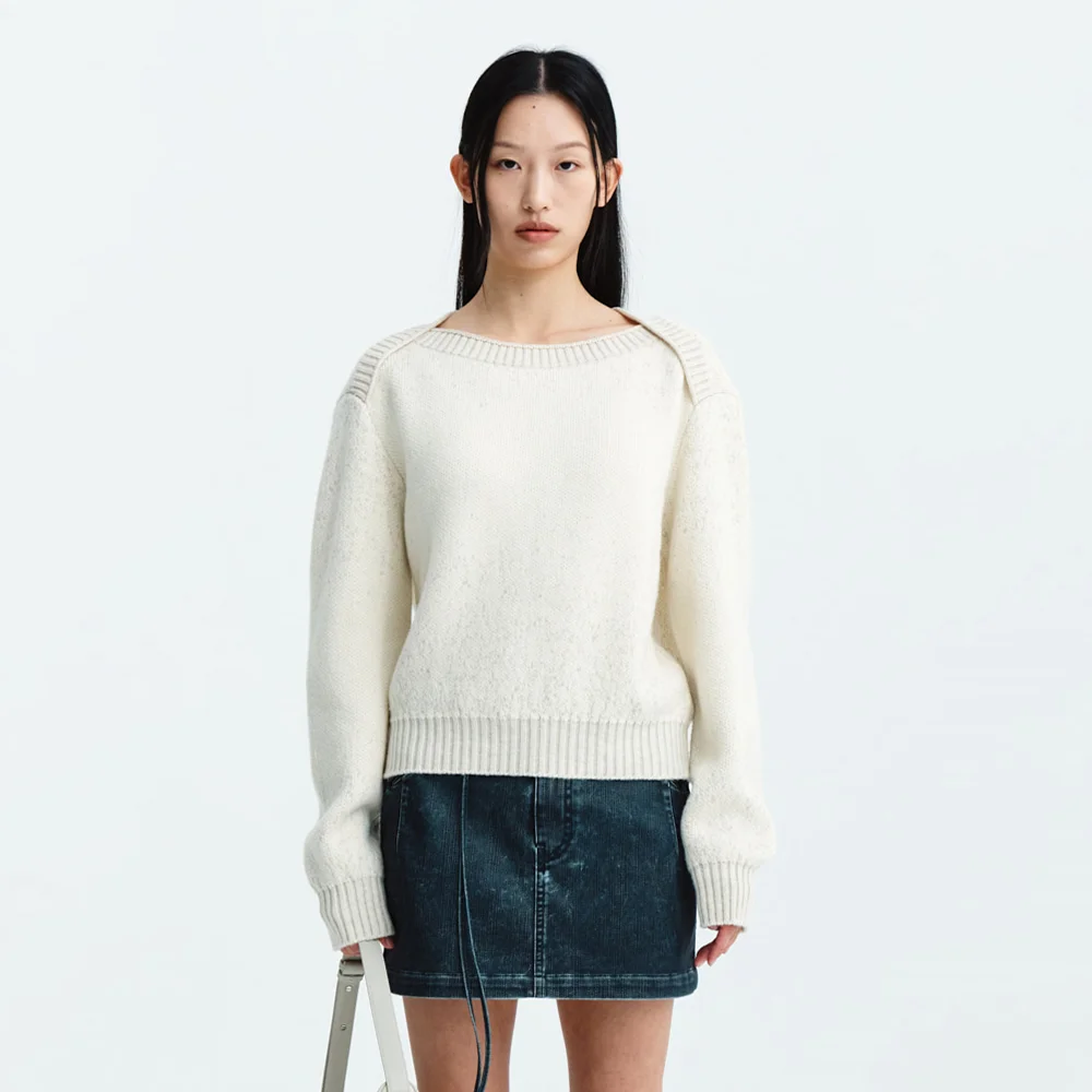 BOAT NECK TWO TONE KNIT PULLOVER IN IVORY