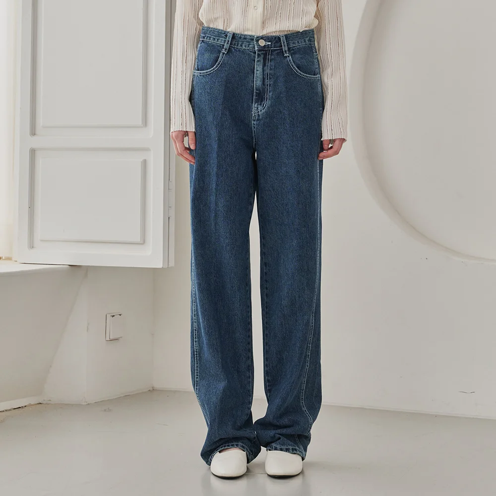 Straight Stitch Denim Pants - Navy