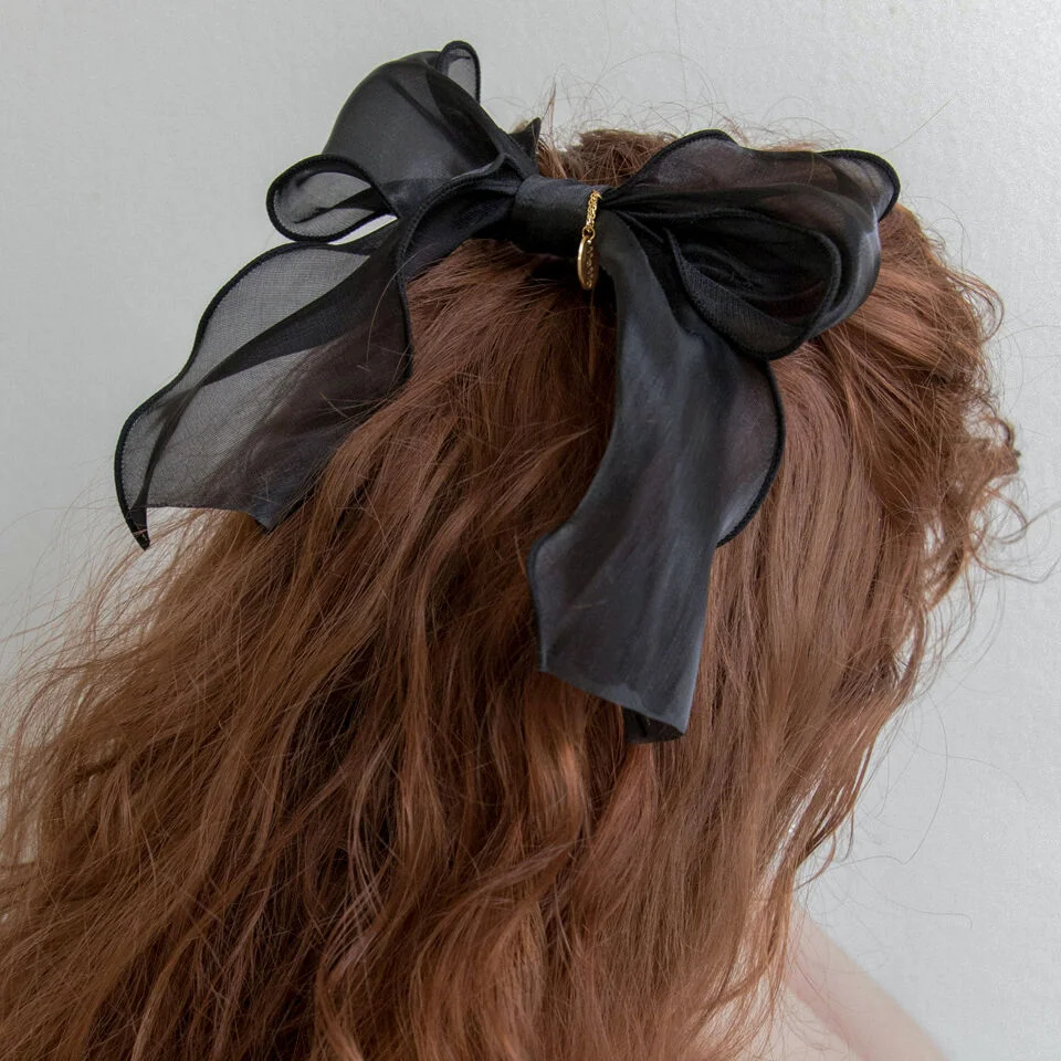Black organza ruffle ribbon hairpin