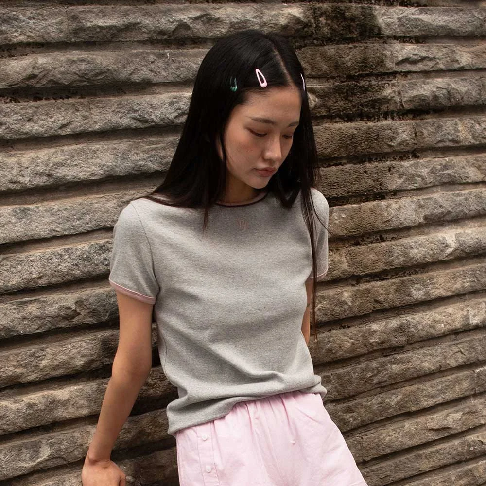 BP Layer Neck Semi-Crop Short-Sleeved T-Shirt_Gray