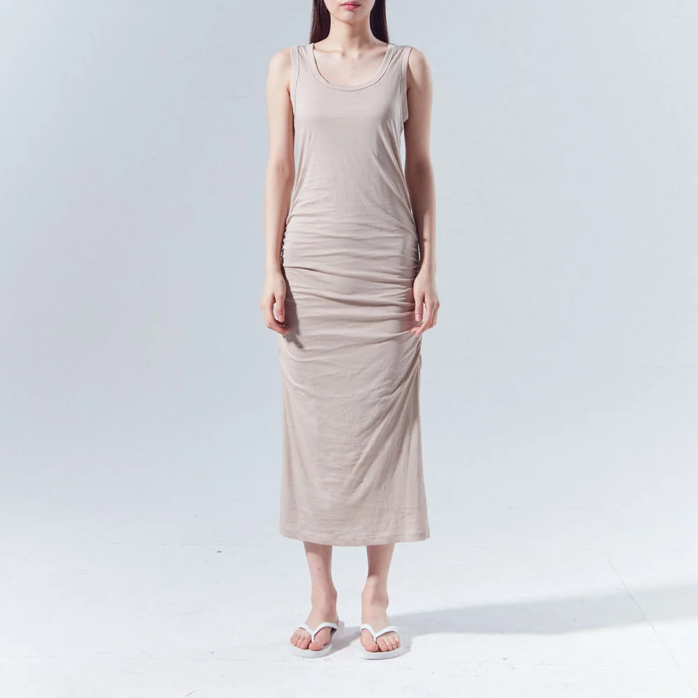 Tank Top Shirring Cotton Dress_BEIGE