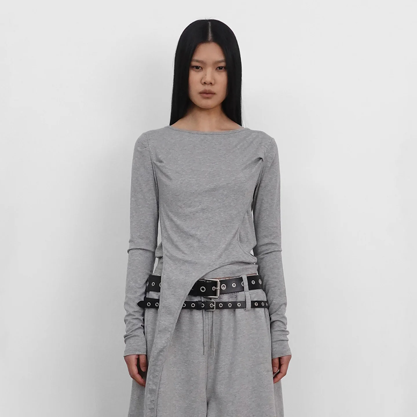 Layered Strap Long Sleeve_Melange Grey