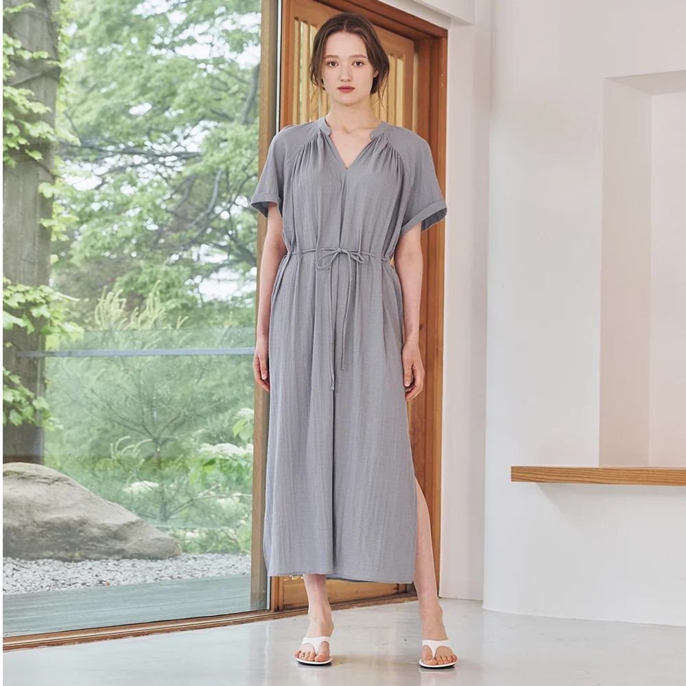 V領 抽褶 連身裙-藍色 / V-Neck Shirring Dress - Blue