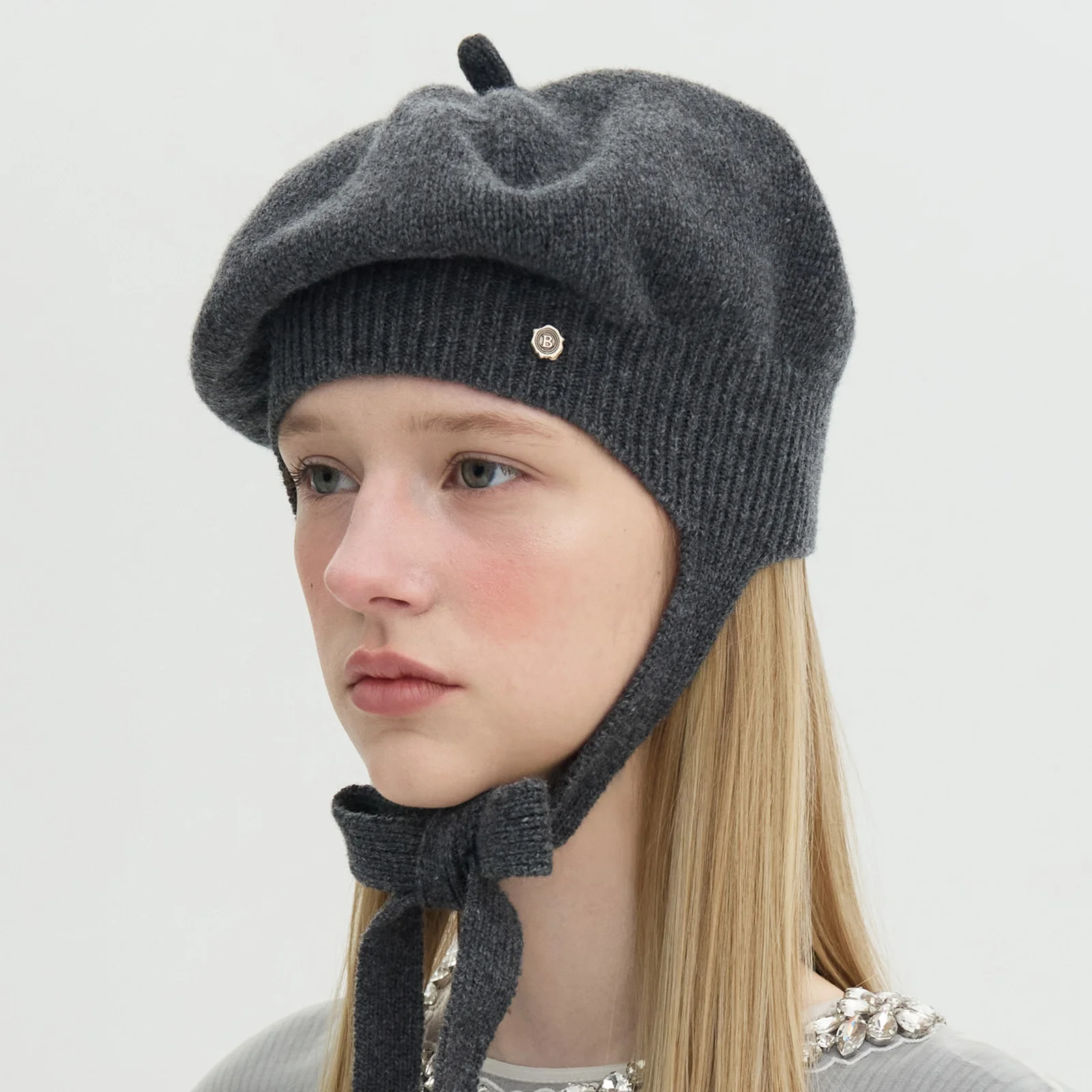 Tricot Ribbon Beret - Grey