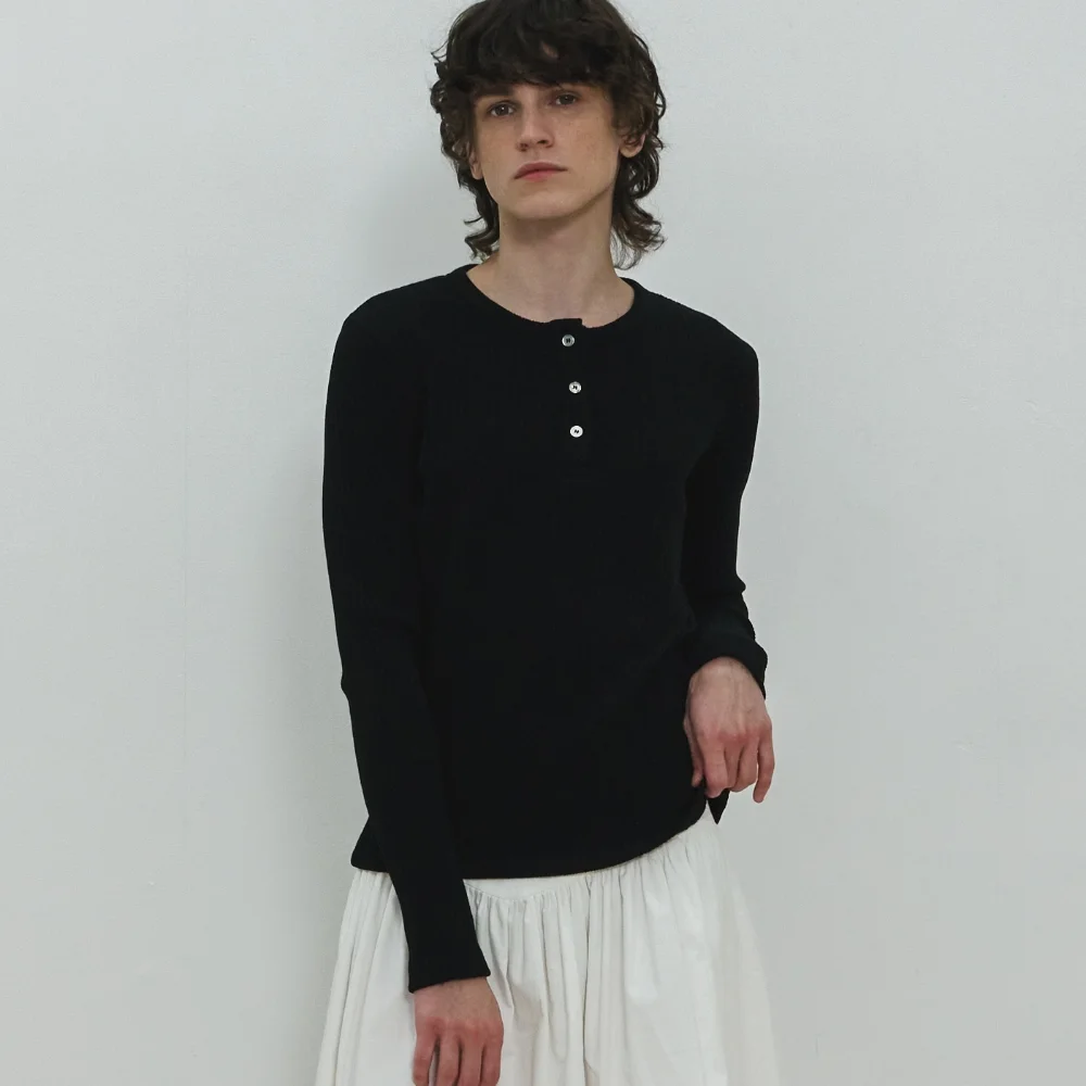 MJ Henley Neck Ribbed T-shirt / Black