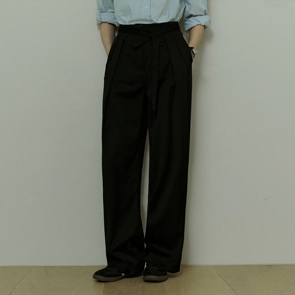 Two button belt straight slacks - black