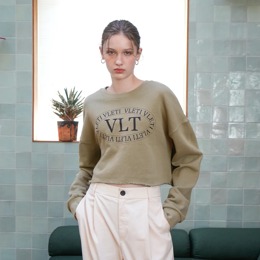 Logo Printing Crop Sweatshirt (Khaki)