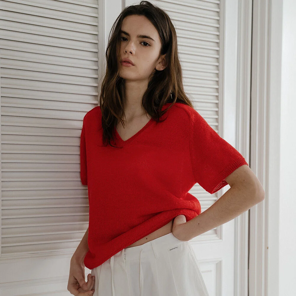 V-neck half paper knit _Red