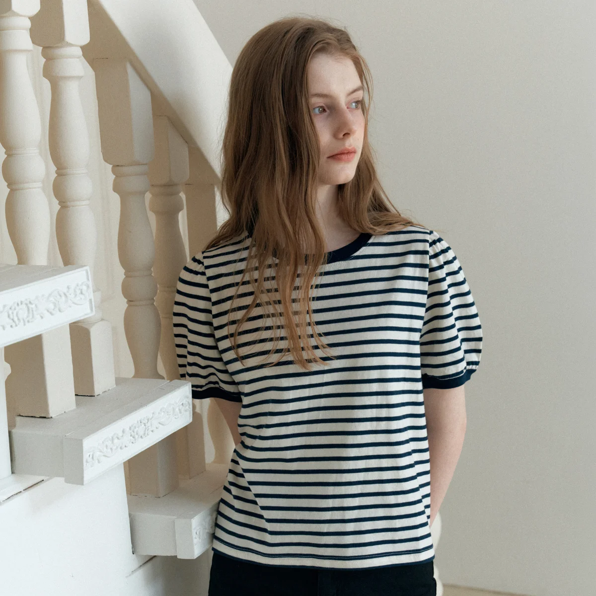 STRIPE SHIRRING T-SHIRT_IVORY