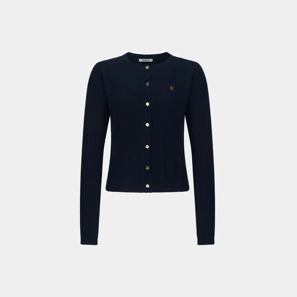 (W) RIBBED KNIT CARDIGAN - NAVY
