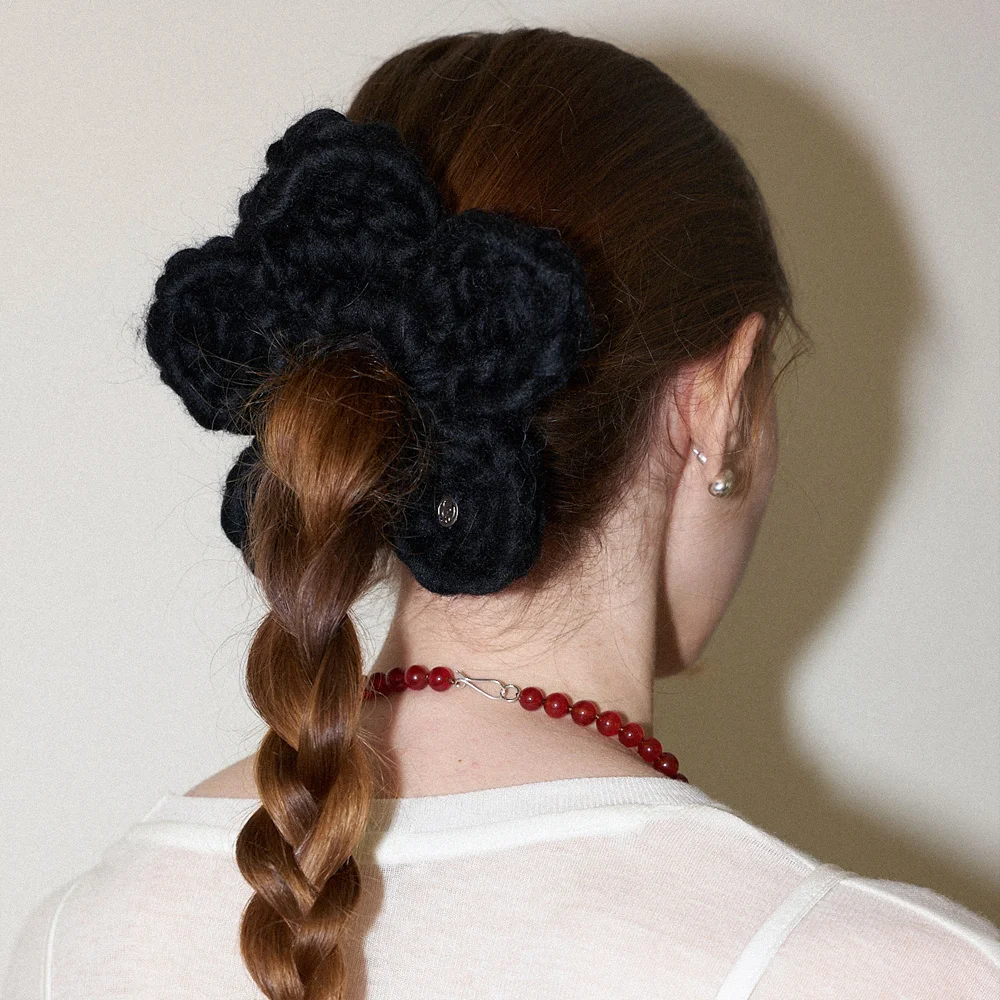 Wool 100% Handmade Crochet Big Flower Hair Scrunchie _ Black