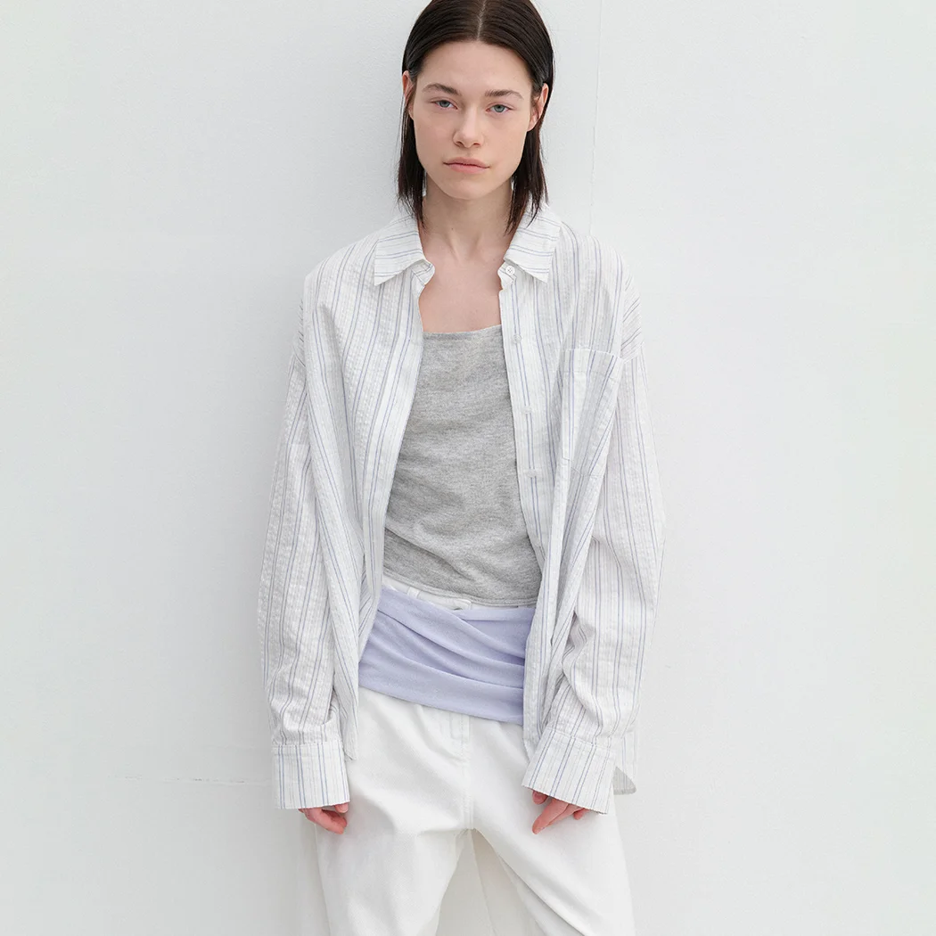 AN MULTI STRIPE COTTON OVERSIZE SHIRT S (BL-4406)