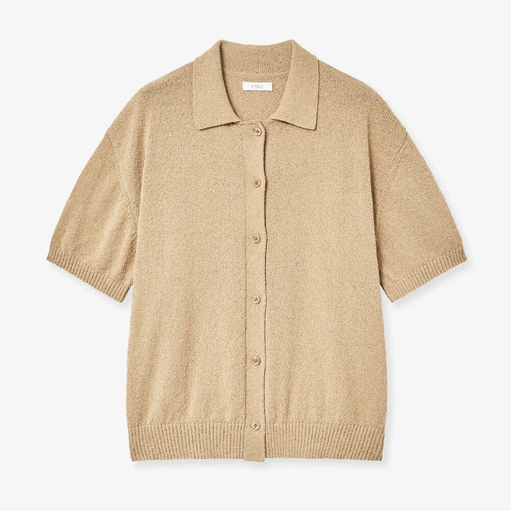 涼感 可水洗 圈圈紗 衣領 針織衫 (BEIGE)