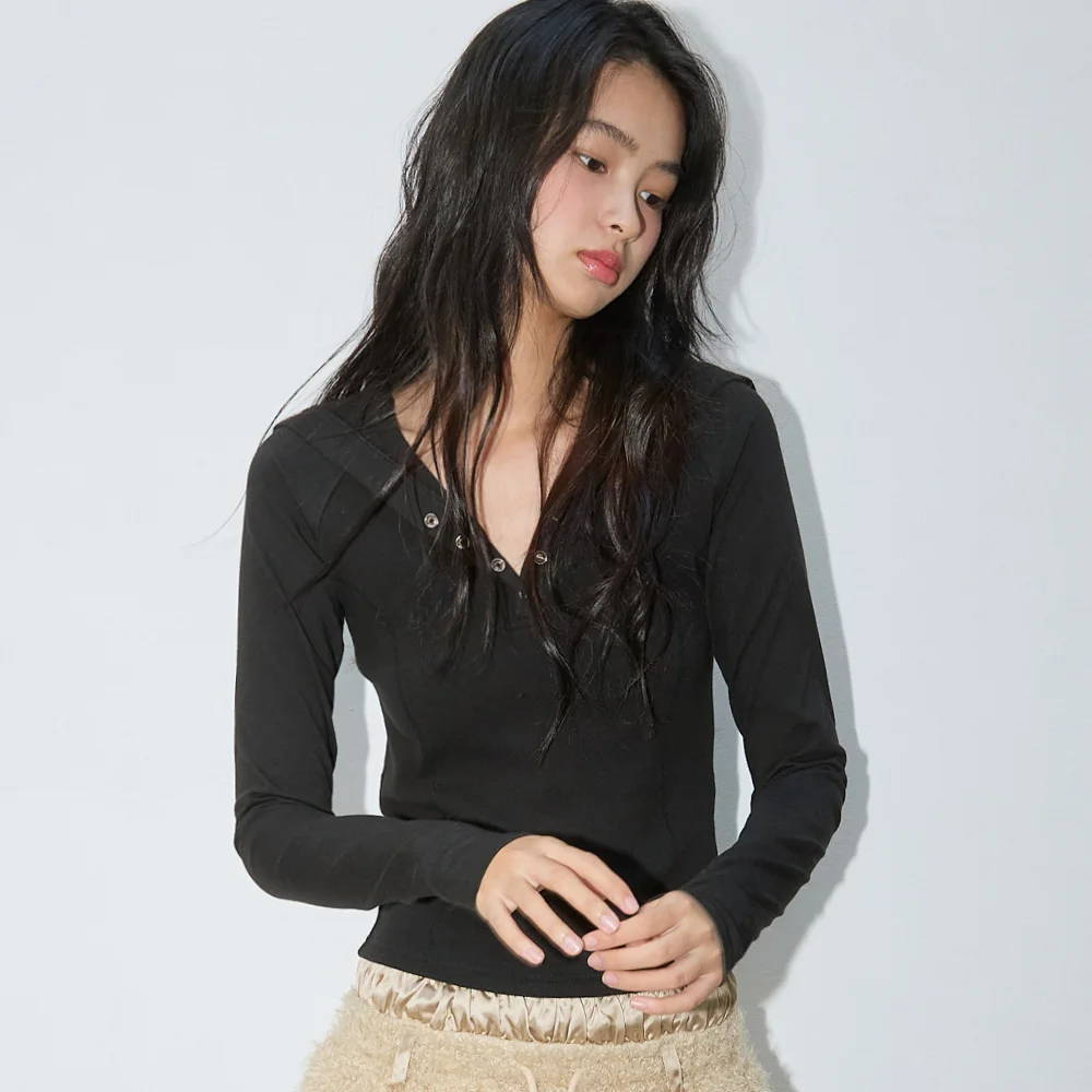 BUTTON UP COLLAR RIBBED TOP BLACK