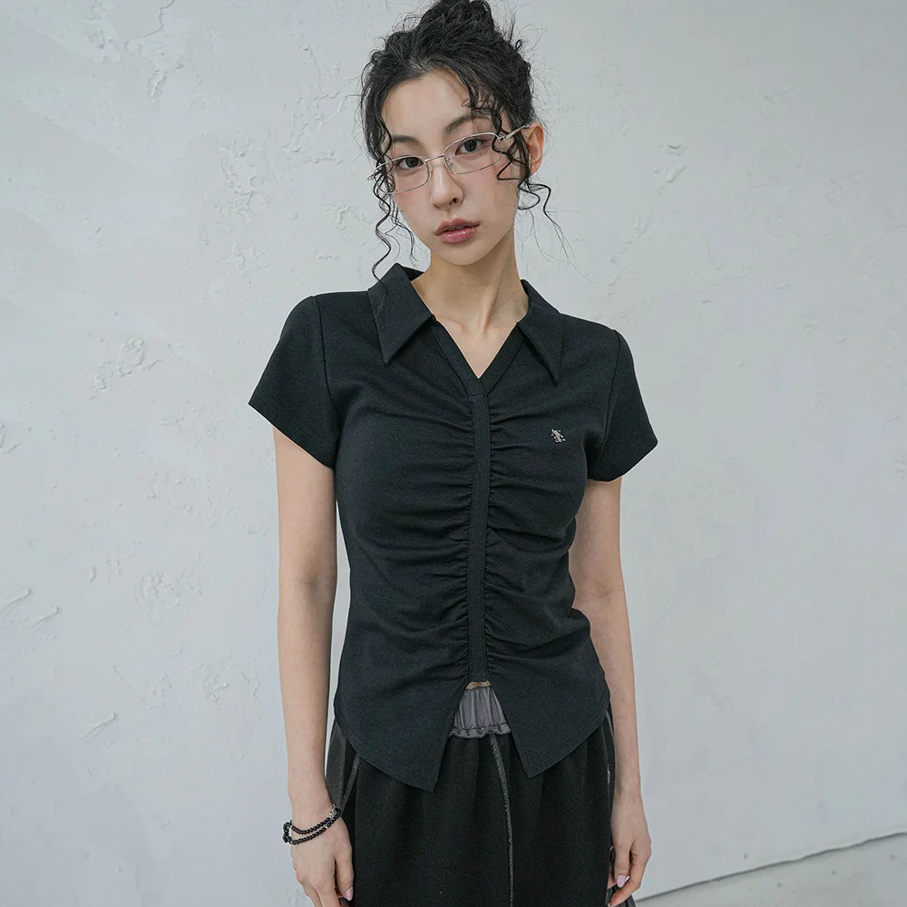 V Shirring Collar Tee_4Colors