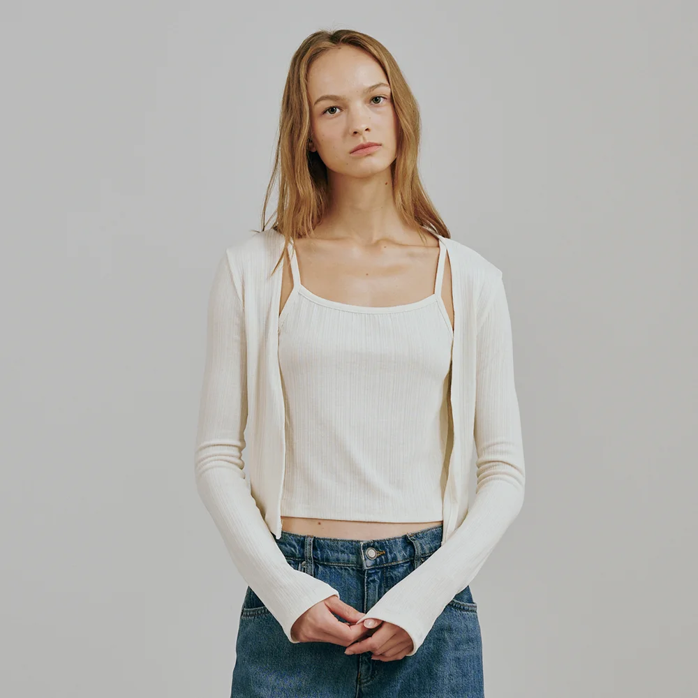 柔軟 開襟外套 無袖 套裝 - 象牙色 / Soft Cardigan Sleeveless Set - Ivory
