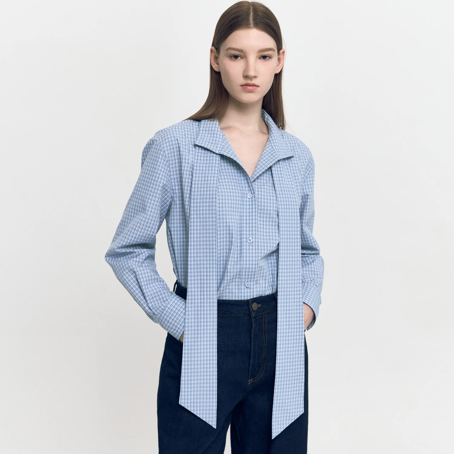 Mini Check High Neck Tie Shirts BLUE