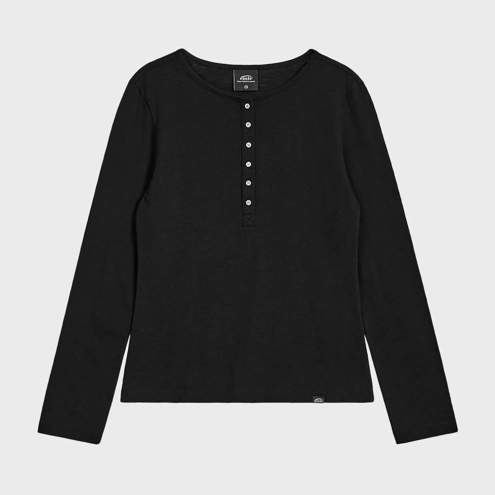 (W) SUMMER SLUB HENLEY NECK T-SHIRT-BLACK