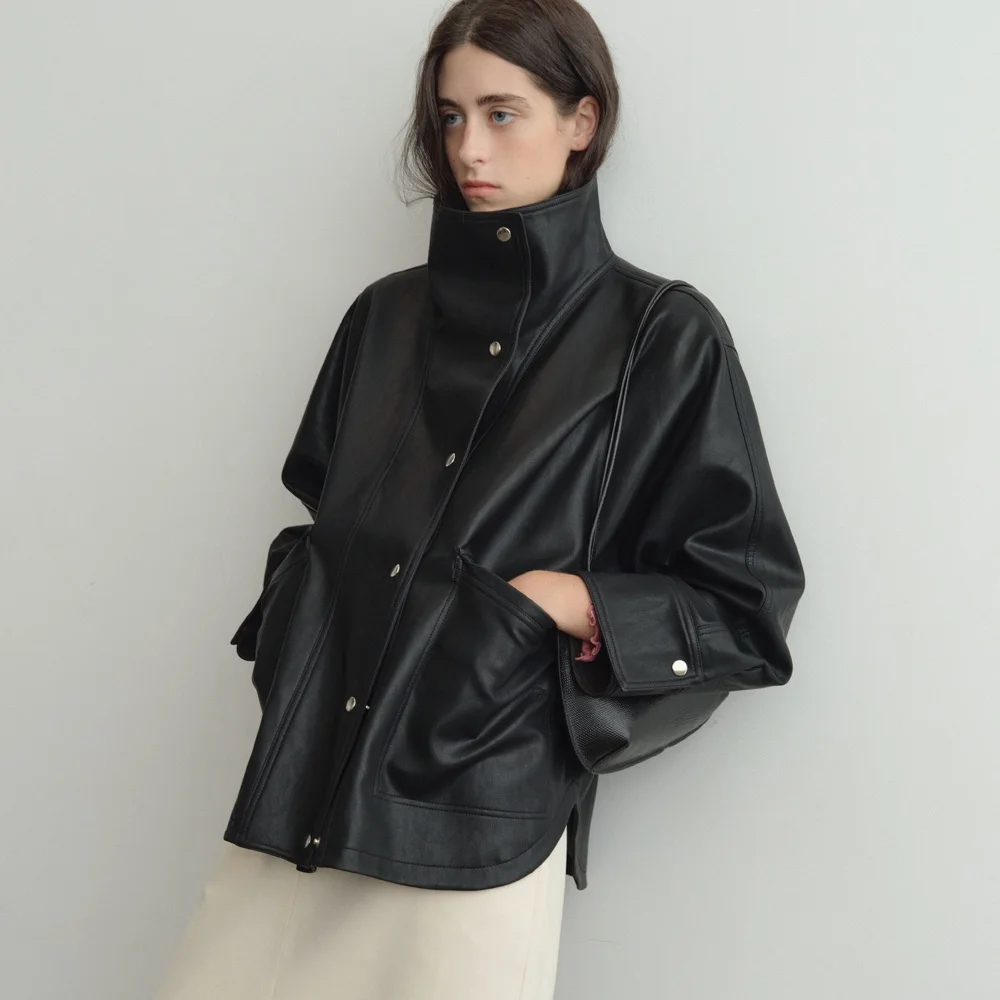 Mago High Neck Single Leather Jacket (Black)