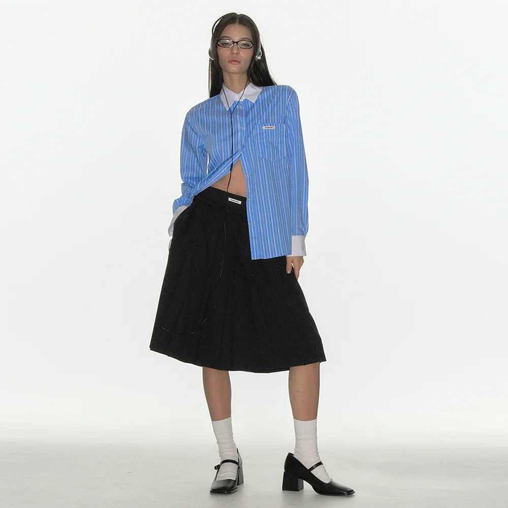 FRILL PLEATS MIDI SKIRT_DARK NAVY