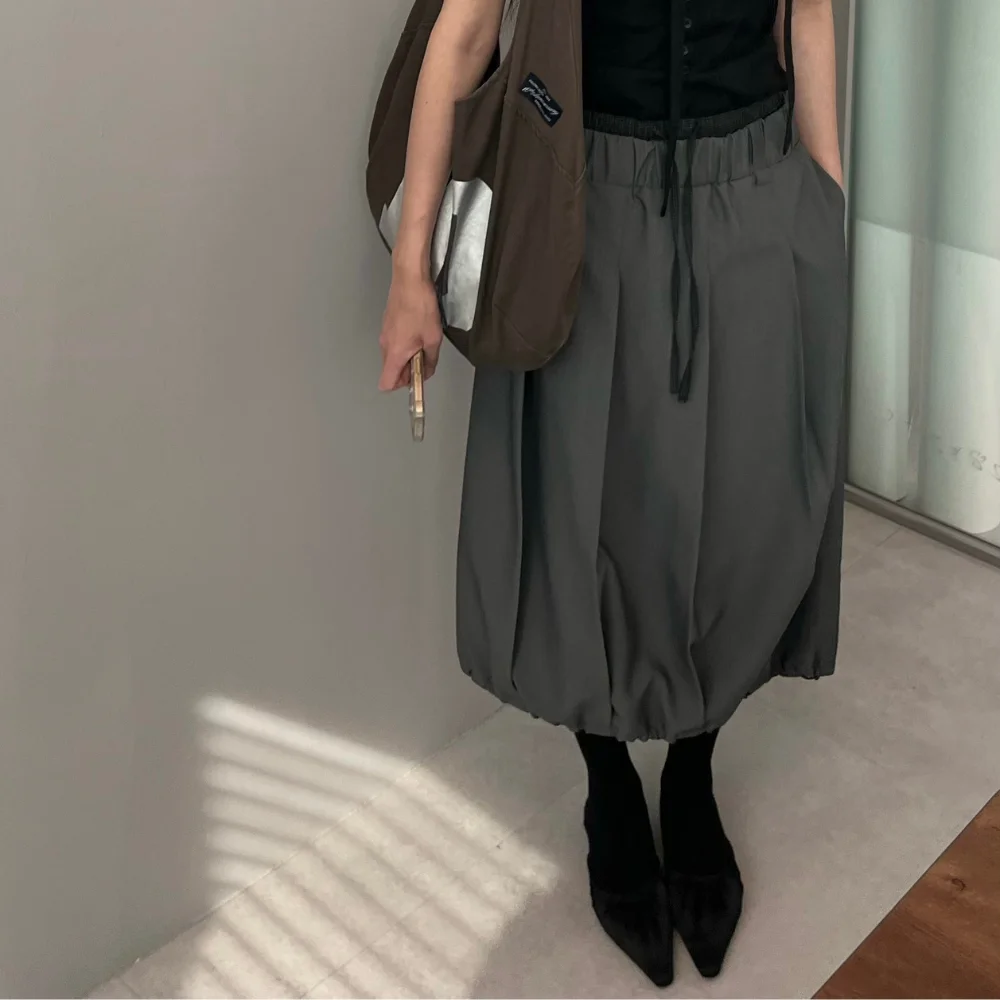 Gingham Waistband Layered Balloon Pleated Skirt - Grey