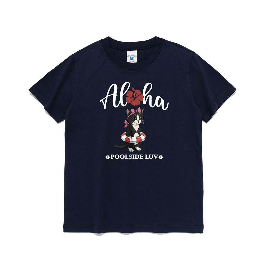 Aloha 海灘 貓跟 貓 圖案 女裝 短袖T恤 (海軍藍)