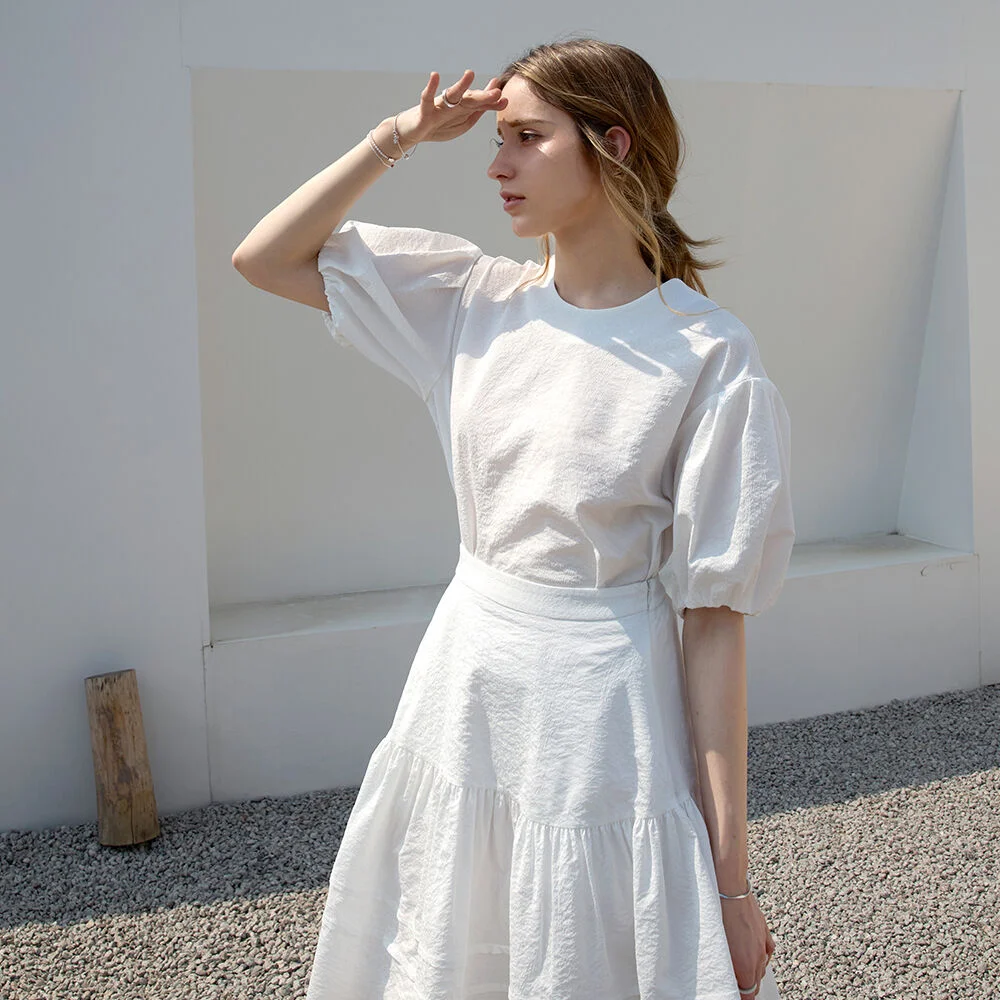 皺褶 蓬鬆 圓領女裝襯衫 WHITE