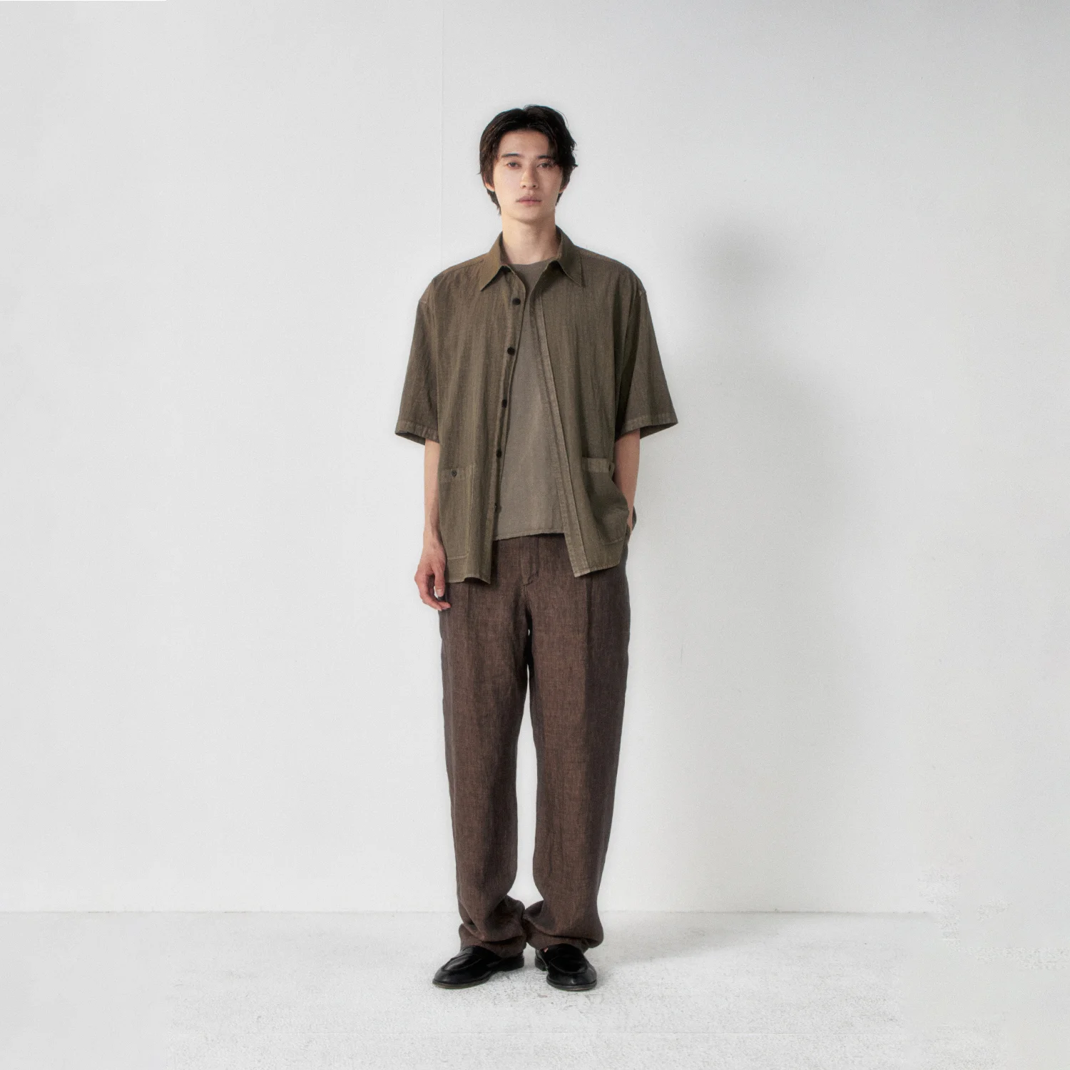 Garment Dyed Two Pocket Half Shirt_Moss Brown