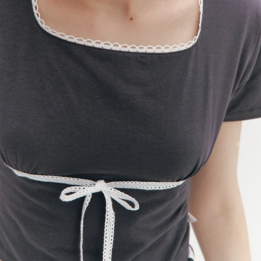 Lace Ribbon Shirring Top Charcoal