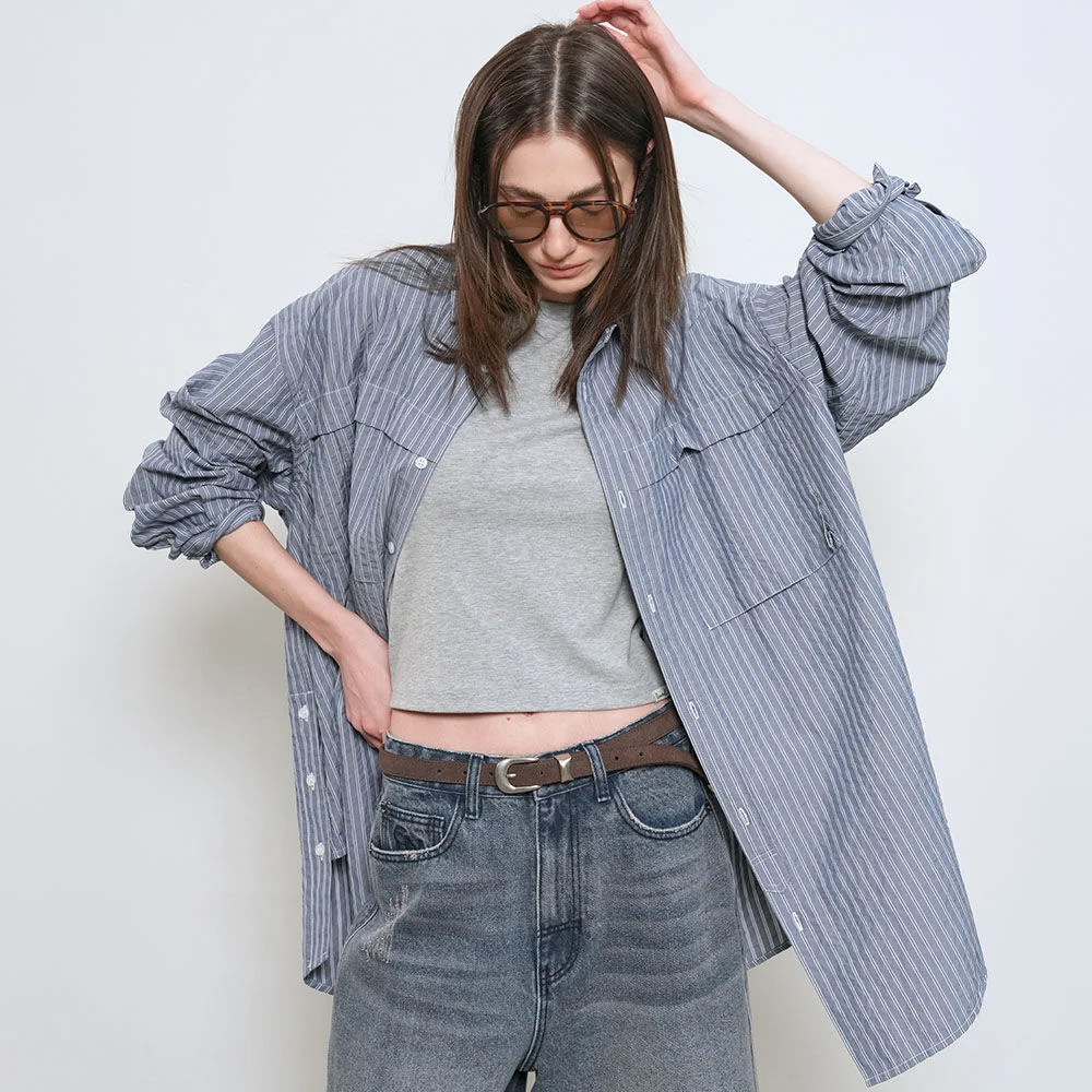 UNISEX 寬鬆版型 條紋 口袋 襯衫 / GF1USH001