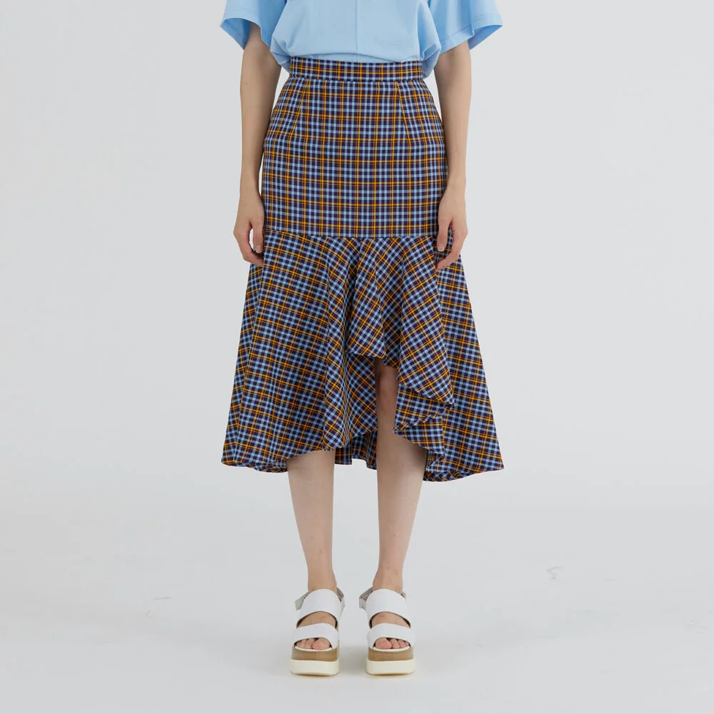 UNBALANCE FLARE CHECK SKIRT - BLUE