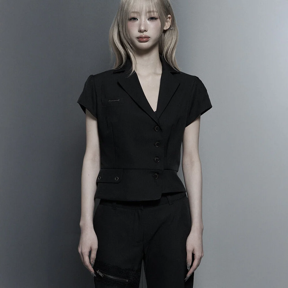 Cropped Short Sleeve Tailored Jacket (Black)