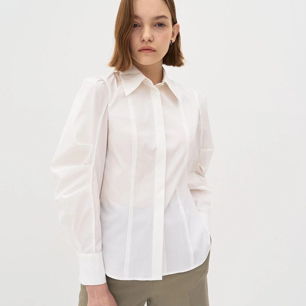 5P Tuck Sleeve Cotton Blend Shirt - White