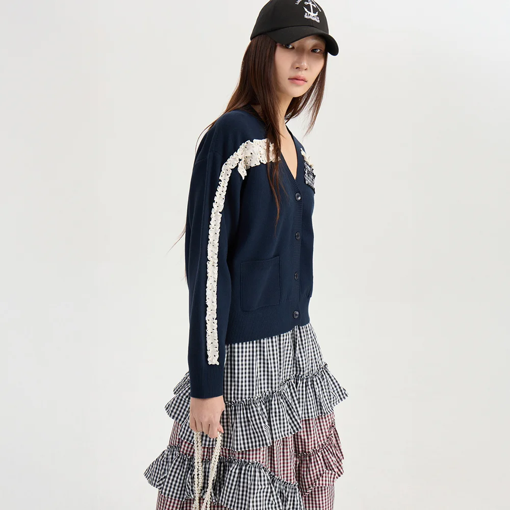 Woven Frill Knit Cardigan (dark navy) LFWCM26810NYD