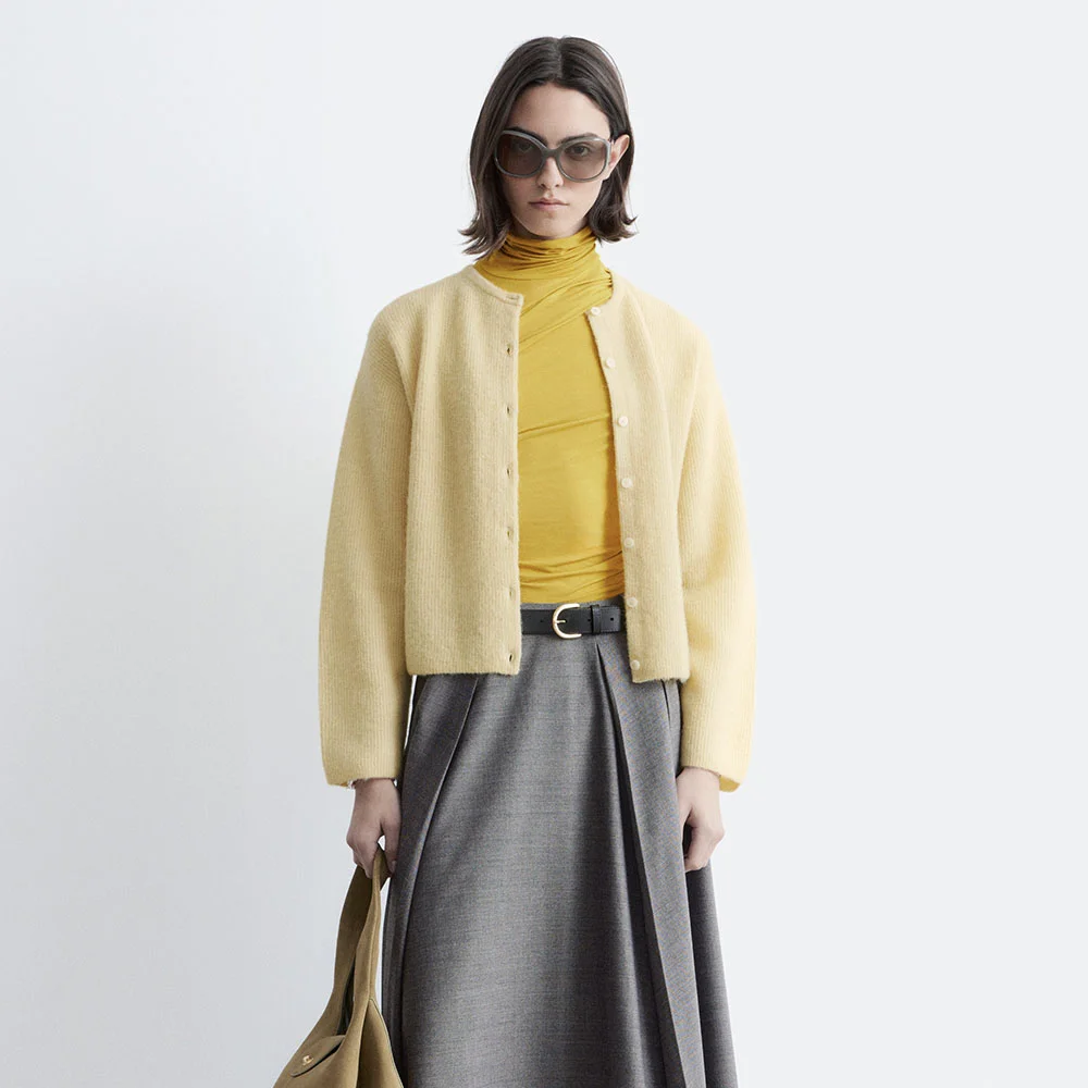 羊駝毛 混紡 針織衫 開襟外套 (Pastel Yellow)