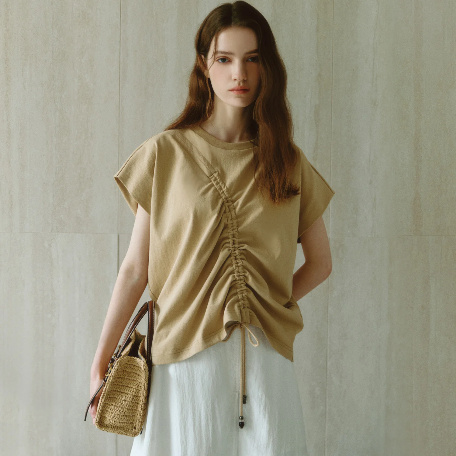 French-Sleeve Drawstring Top BEIGE