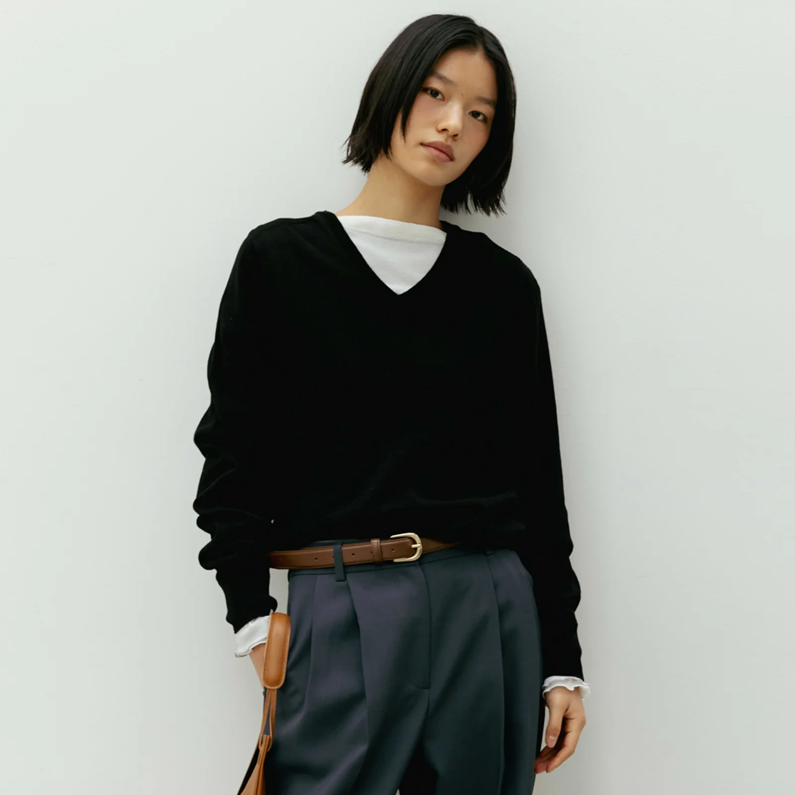 Wholegarment Cotton V-Neck Knit(Black)