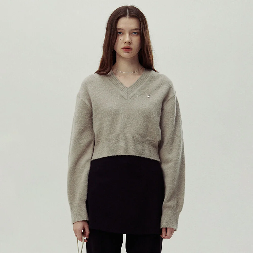 V Neck Cropped Sweater (Light Grey)