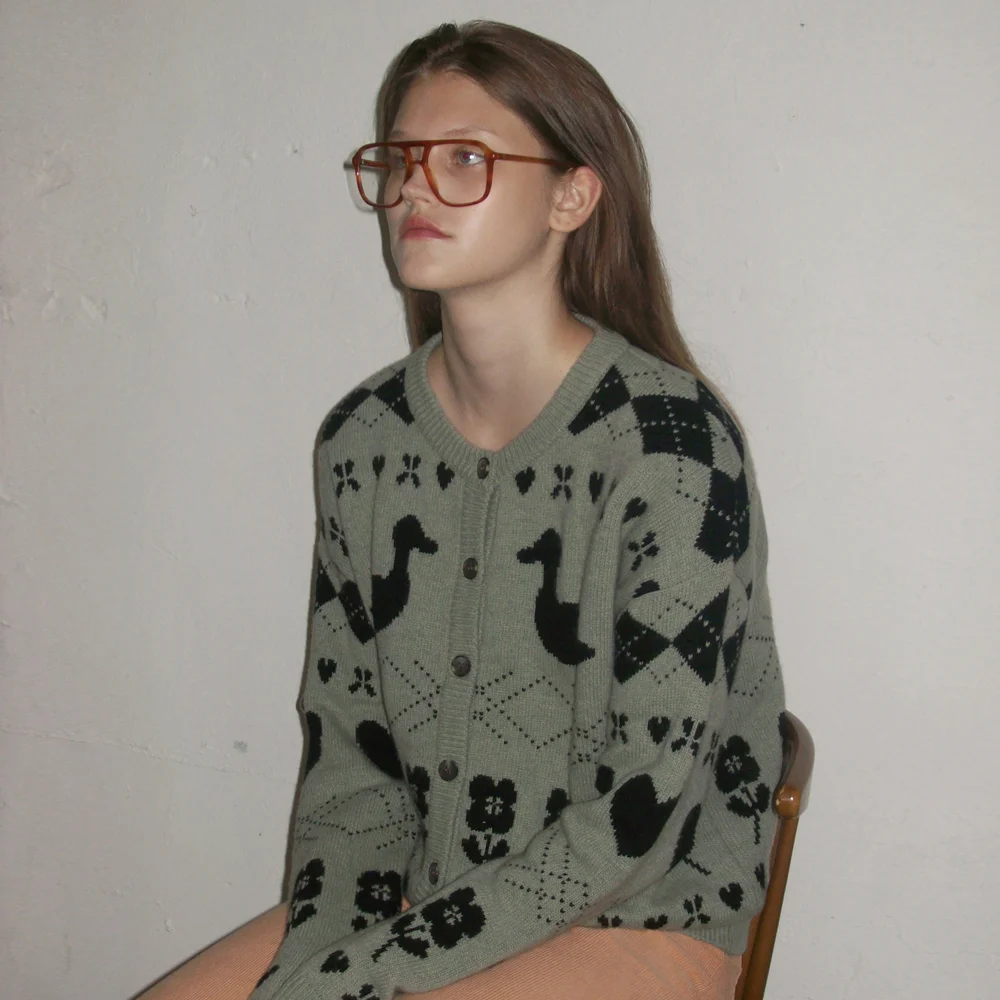Mixed Pattern Knit Cardigan (Light Khaki)