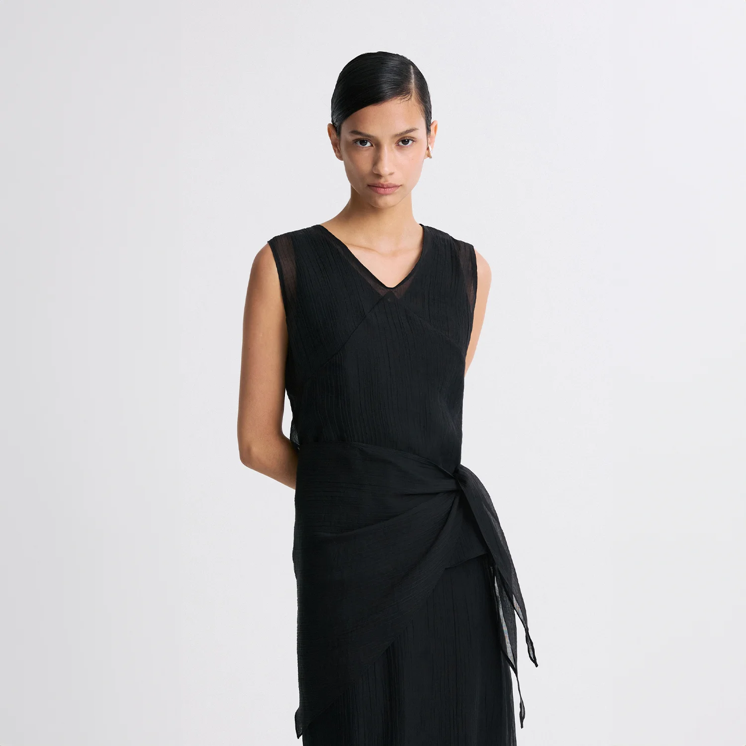 LAYERED DETAIL SHEER SLEEVELESS TOP BLACK