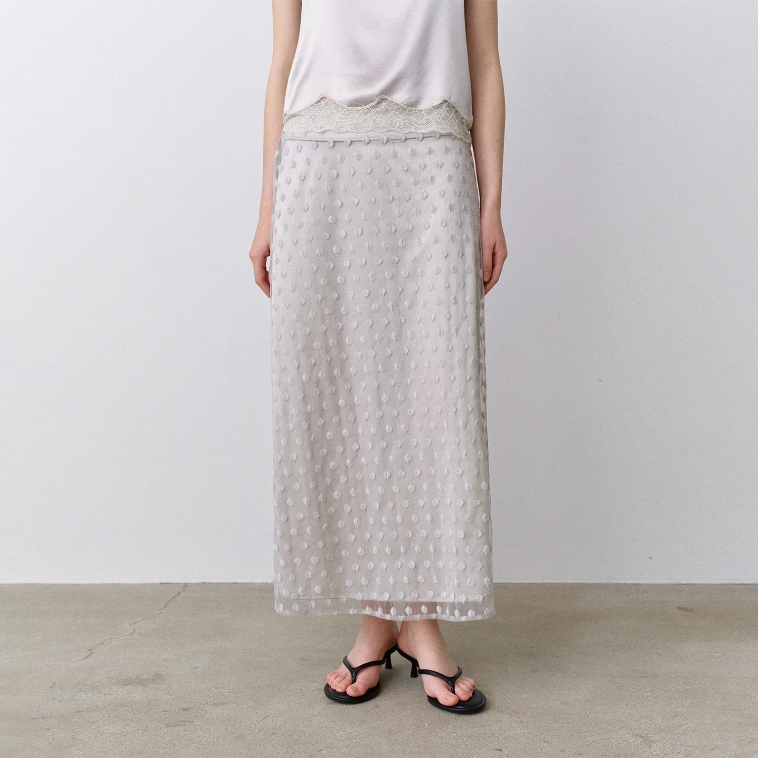 葉 Maxi 透視 半身裙_Airy Gray