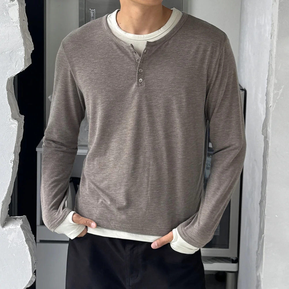 花卉 鈕扣 層次 亨利領 長袖 橄欖色