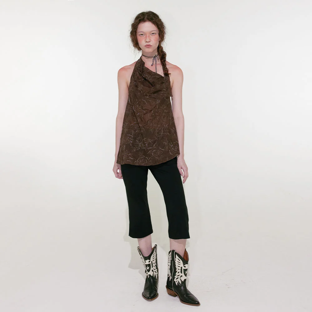 Draping Floral Halter Top (Brown)