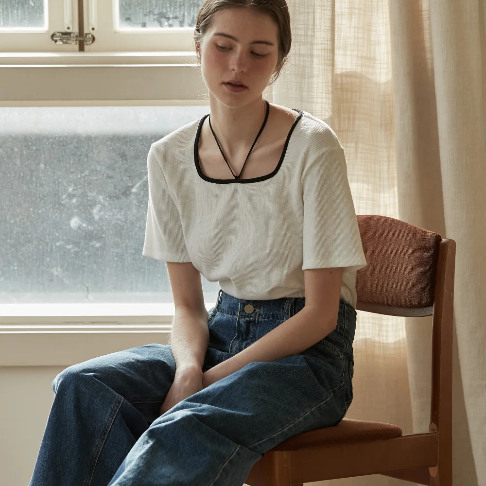 Square neck waffle t shirt - White