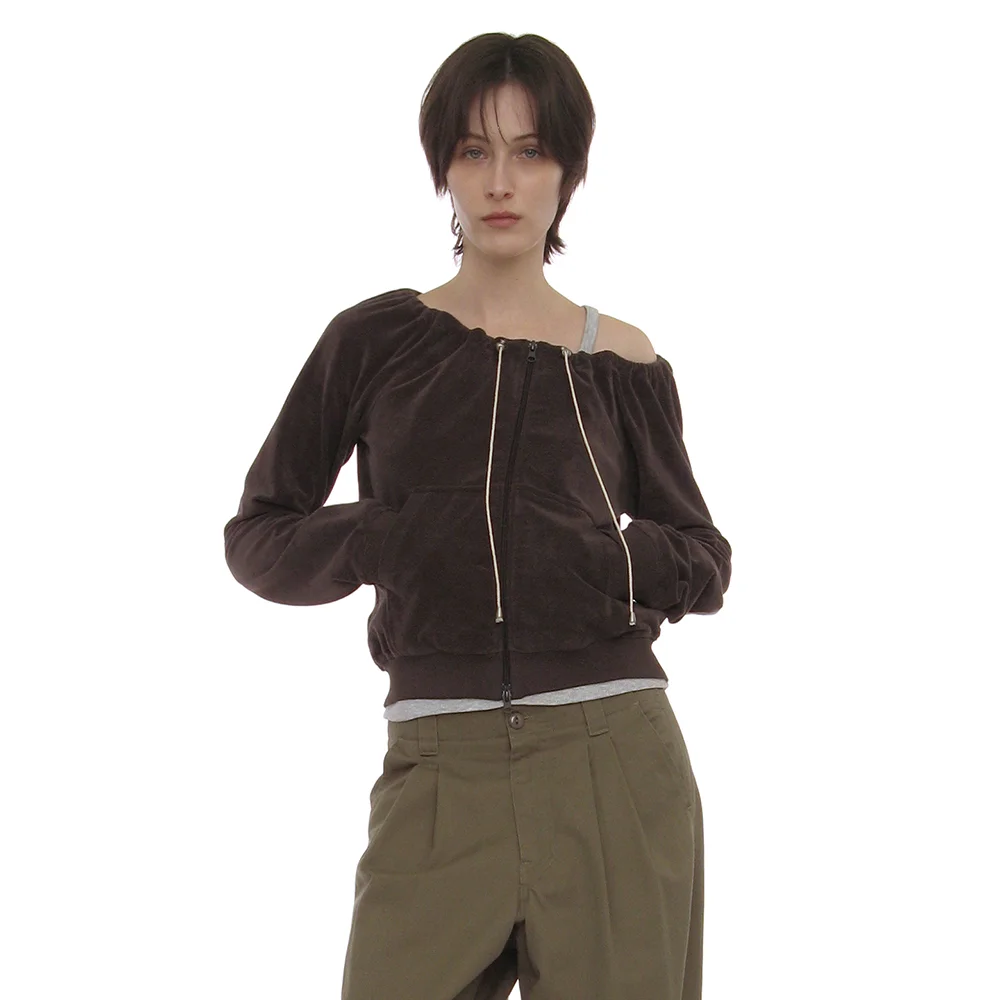 TERRY DRAWSTRING OFF-SHOULDER ZIP-UP TOP_CHARCOAL