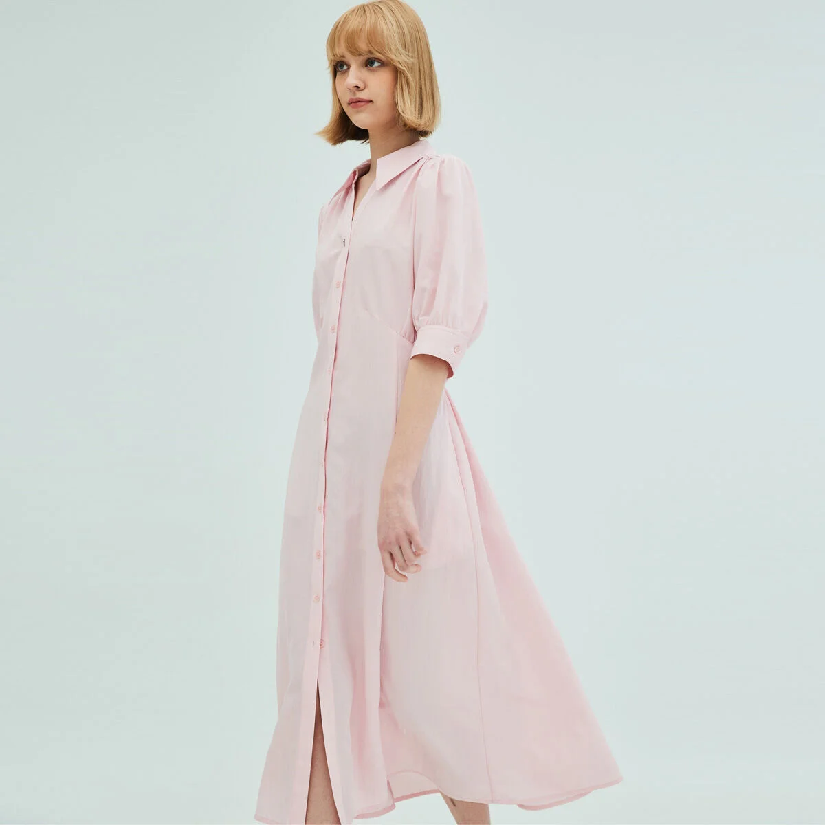Open collar shirring detail shirt dress_pink