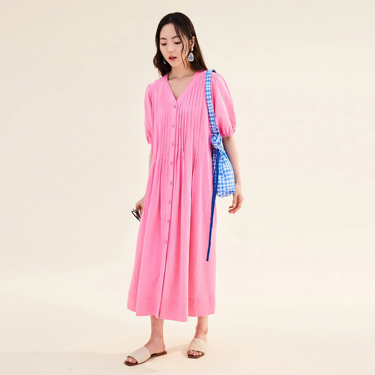 LENEN PLEATED DRESS PINK