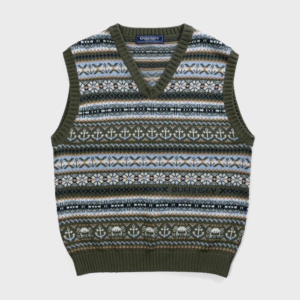 Grand Rok Fair Isle 純棉 V領 - 橄欖色