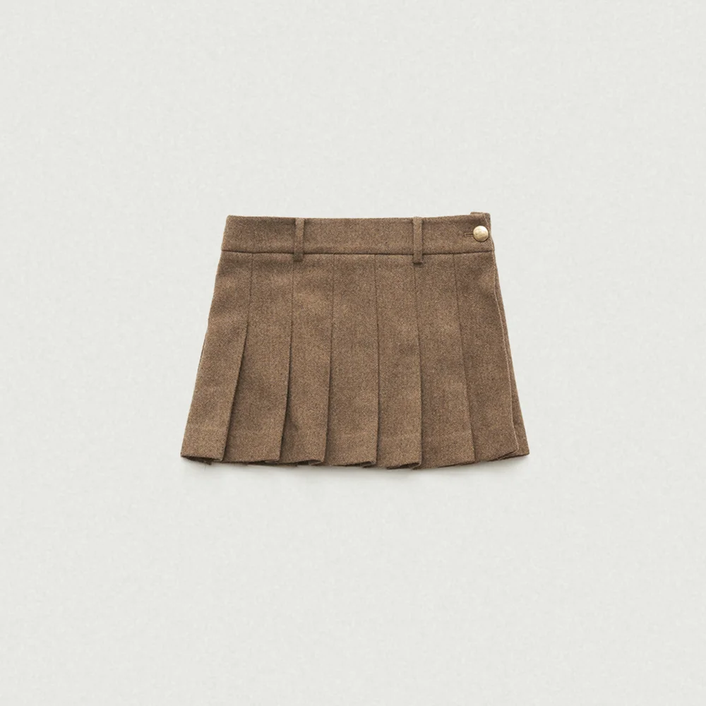 Herringbone Reind Pleats Mini Skirt_Beige