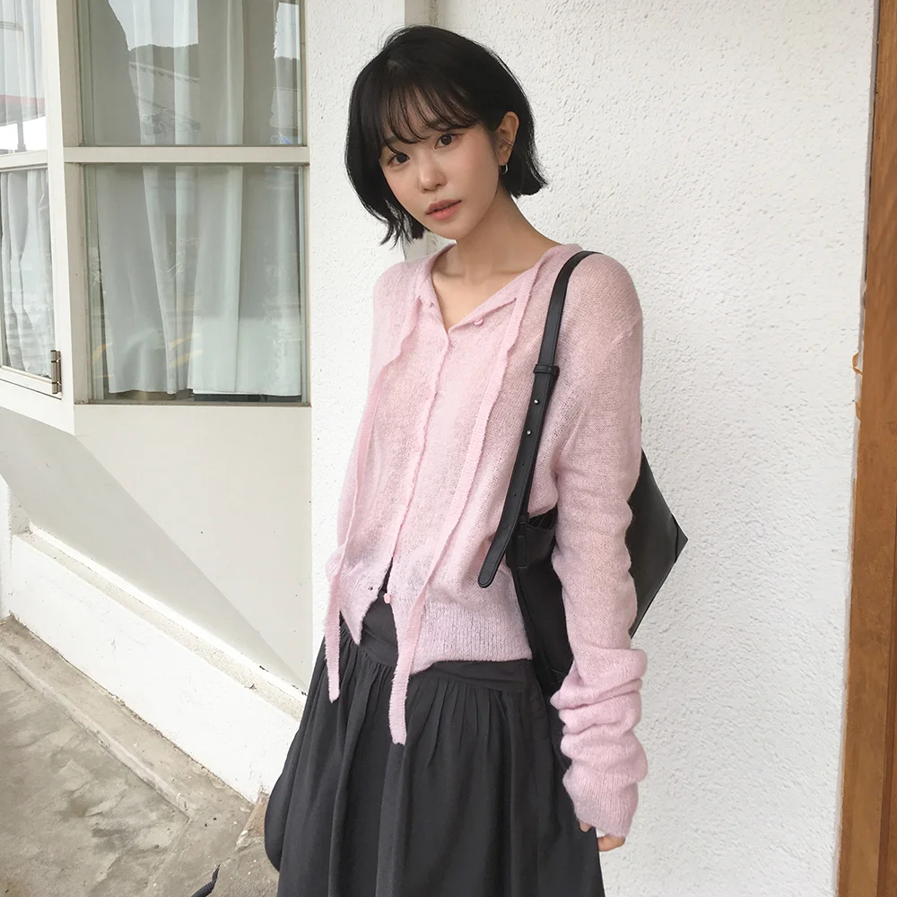 Fluffy yarn ribbon neck loose fit cardigan - palepink